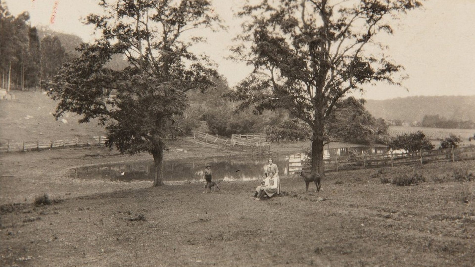 Old photo of people and a horse standing beside a dam