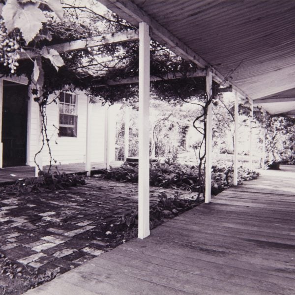 Old photo of cottages with veranda and grape vines outside