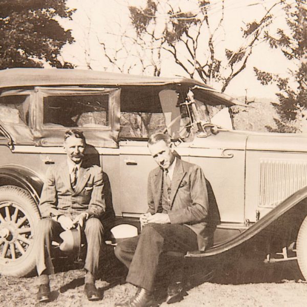 Mr H. Woods and Mr John Frederick Martin, late 1930s, on the 'Common' at the gate to the track and punt. Bundanon Trust Archive