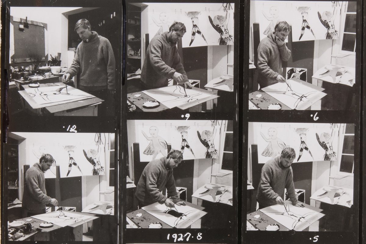 Arthur Boyd in his studio in London working on theatre designs for Elektra