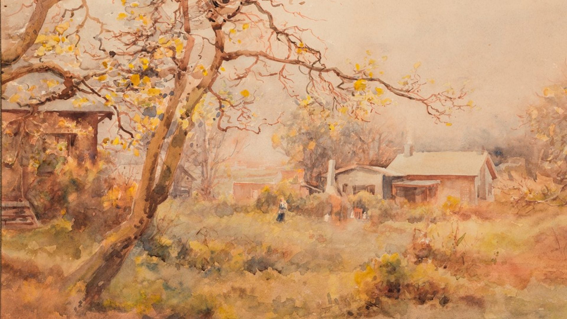 Painting of a small house in a fiend with a tree in the fireground