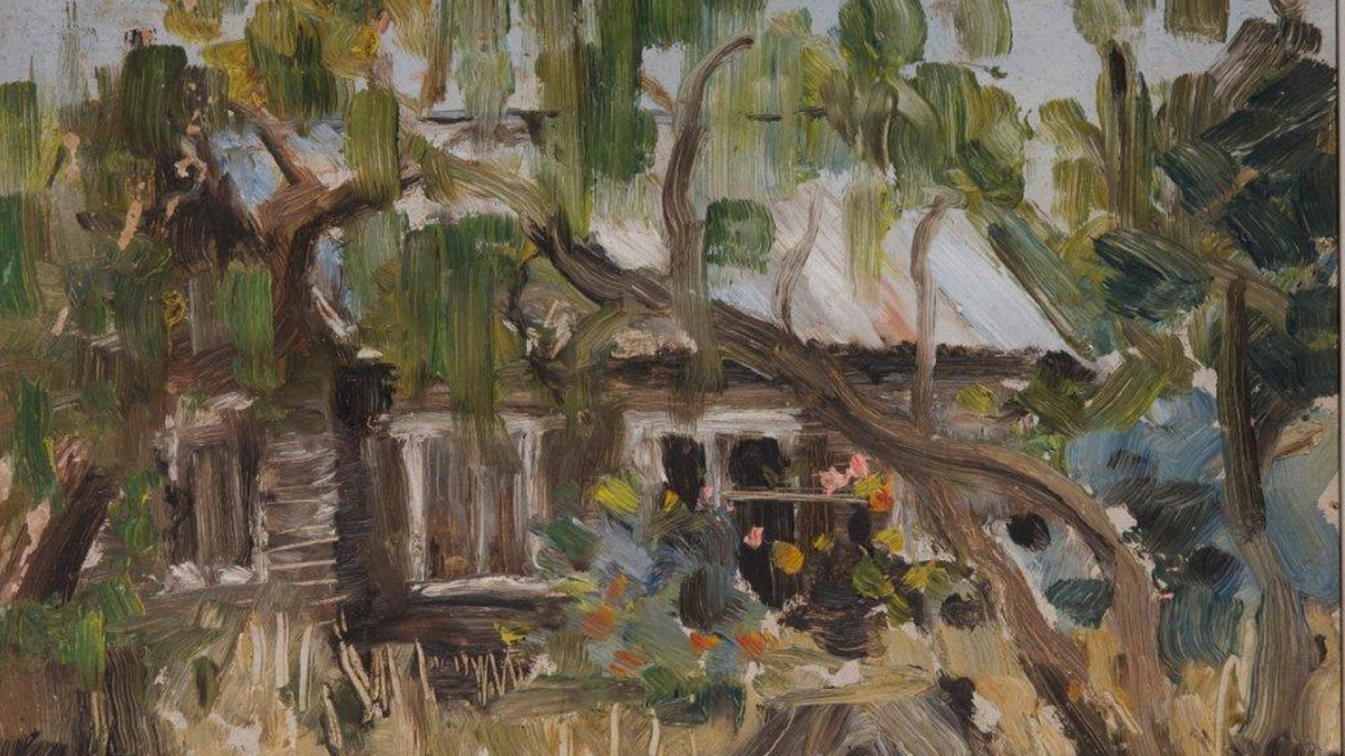 Painting of small wooden house with trees