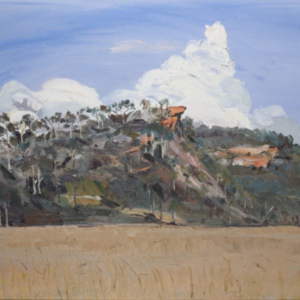 Abstract painting of a landscape with large rock on a mountain