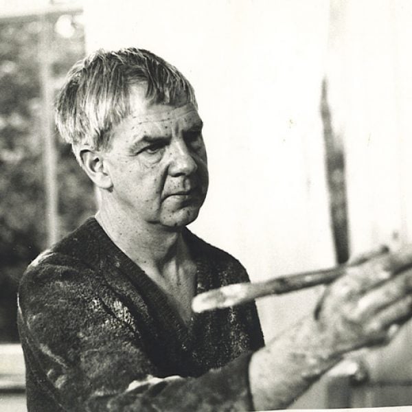Black and white photo of Arthur Boyd painting