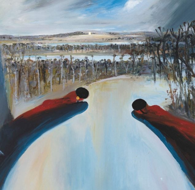 Painting by Arthur Boyd depicts three figures with a river and forest in the background.