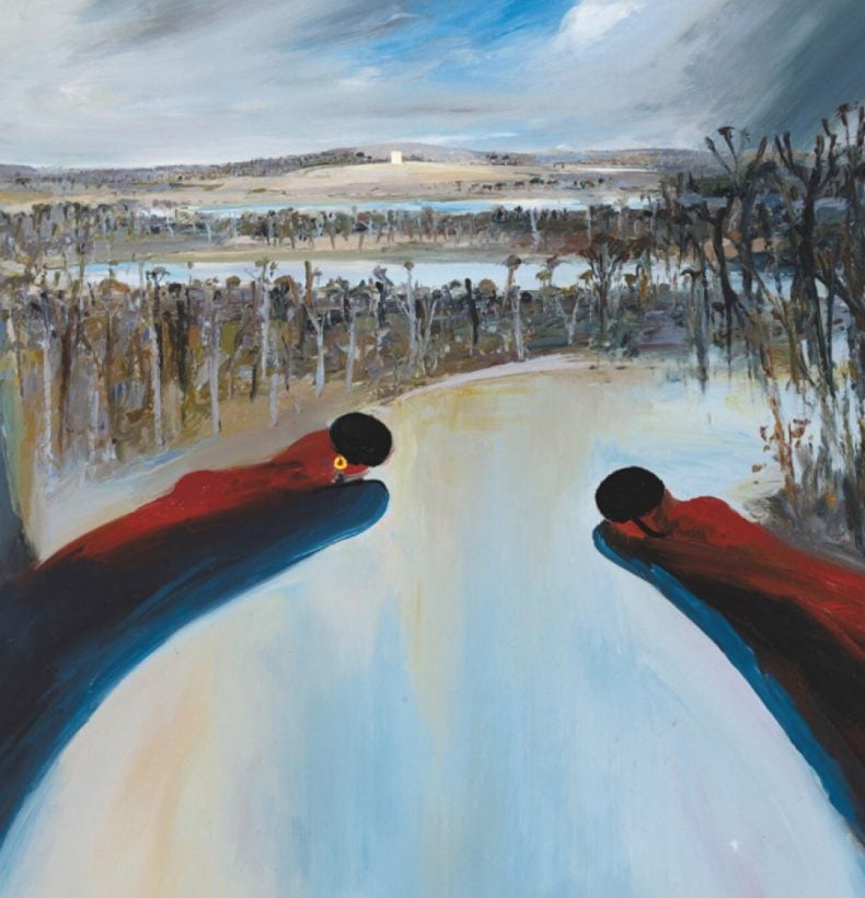 Painting by Arthur Boyd depicts three figures with a river and forest in the background.