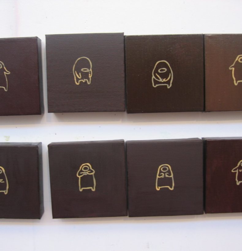 8 brown paintings with abstract gold figures drawn on them