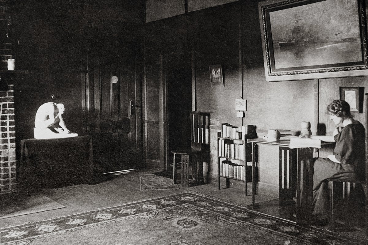 The ‘brown room’ at Open Country cottage 1917-19 with sculpture The Prodigal Son by Merric Boyd.