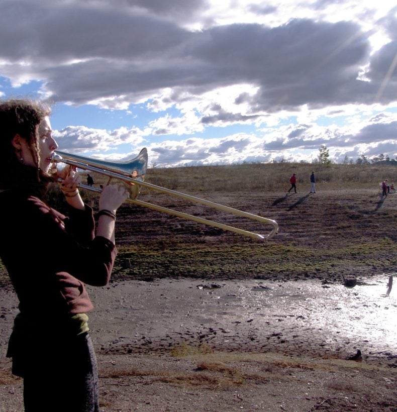 Artist playing a trumpet in the landscape