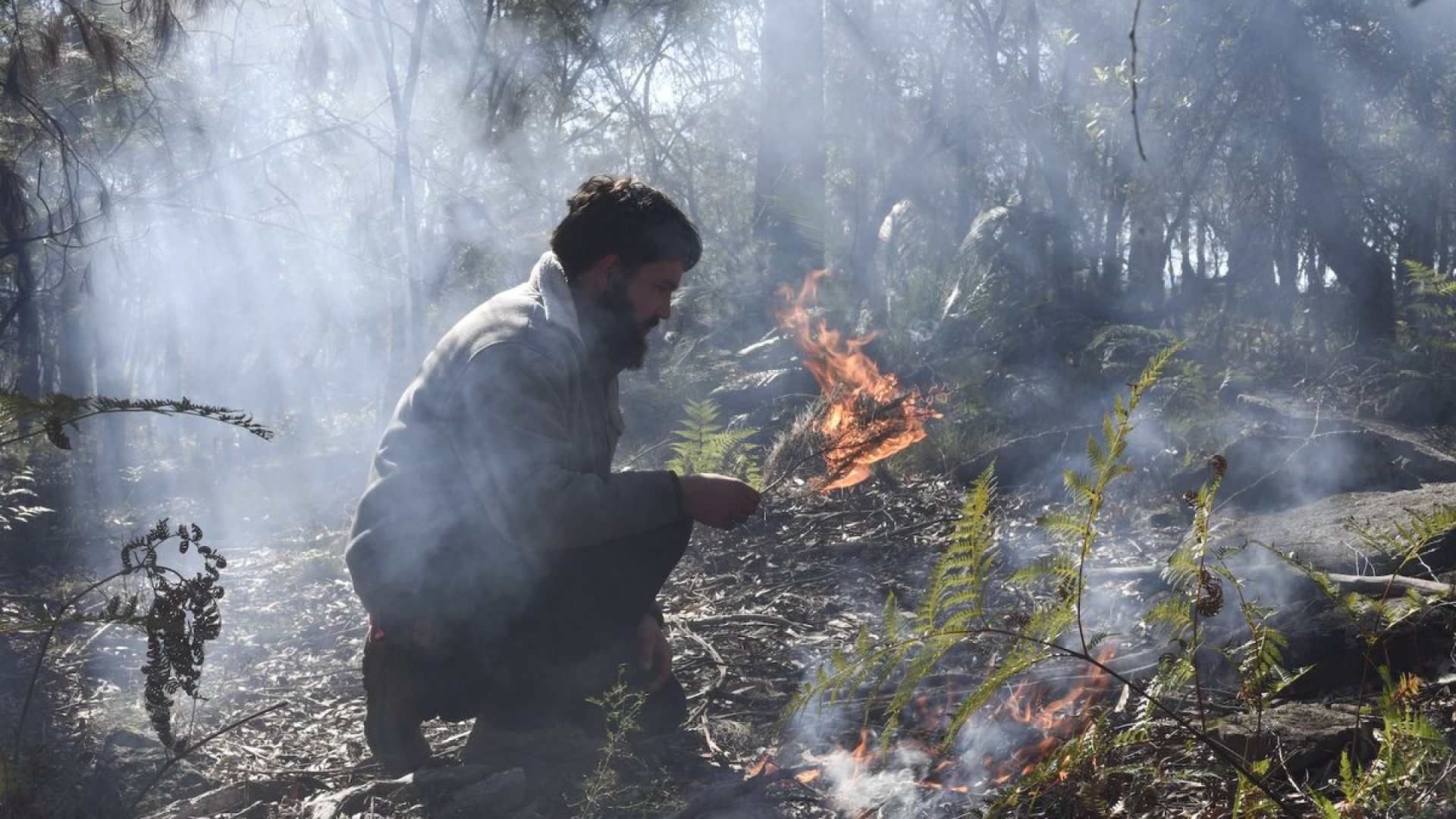 Person kneeling in a forest landscape with a small fire burning beside them