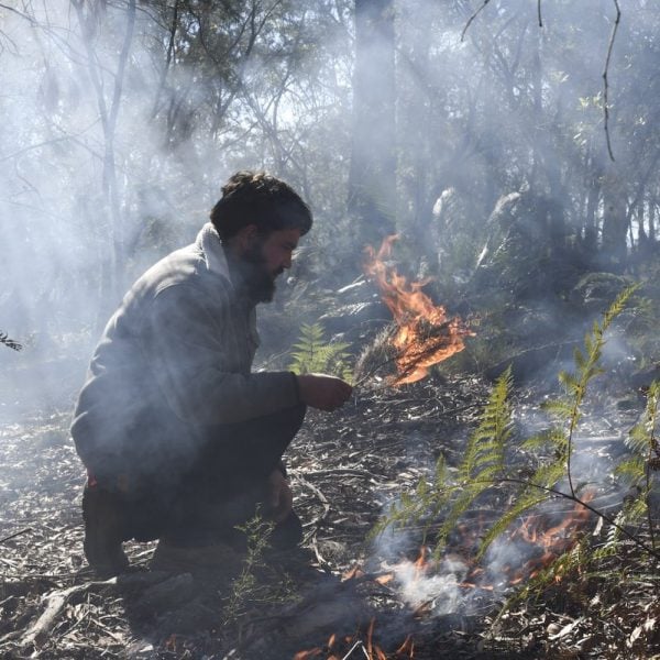 Person kneeling in a forest landscape with a small fire burning beside them