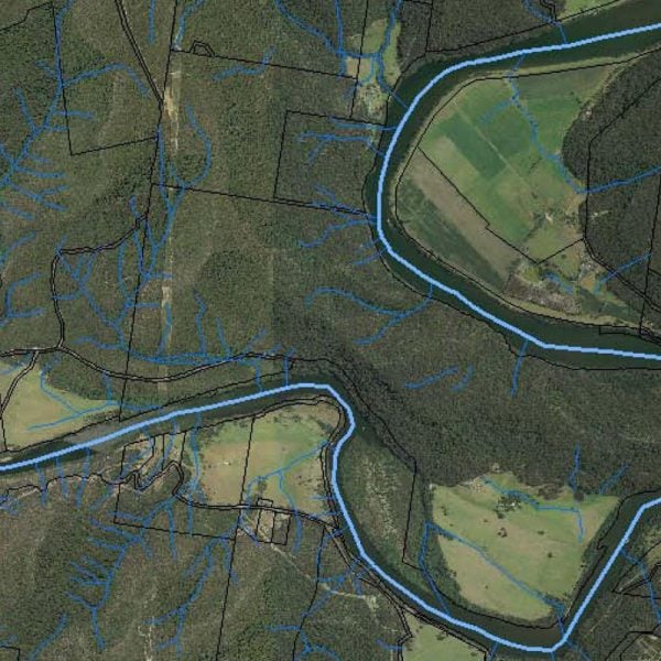 Topographic photo with blue outlines of river and creeklines