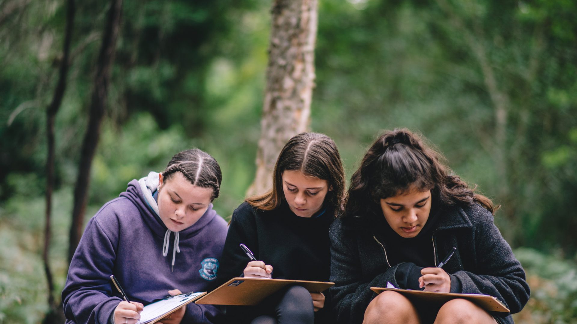 Three girls with long hair sit together writing on pieces of paper. They are surrounded by bush land