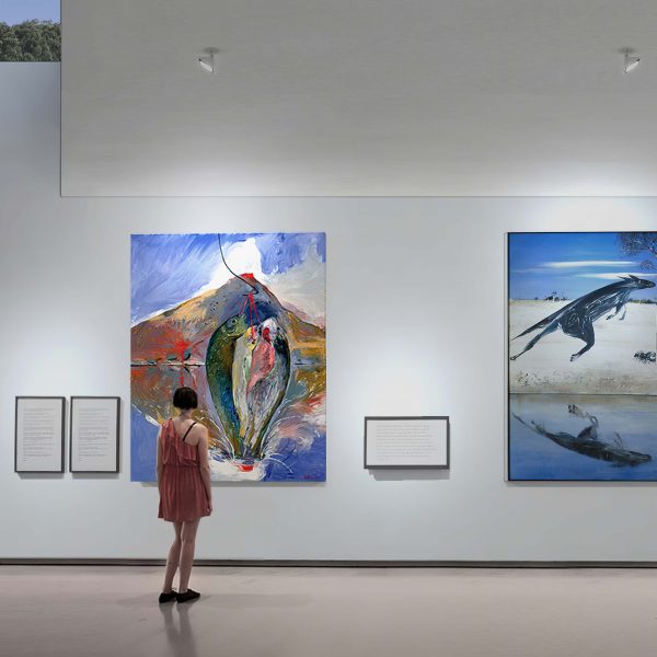 A digital architecture render of an art gallery with tall white walls and bright paintings on the wall