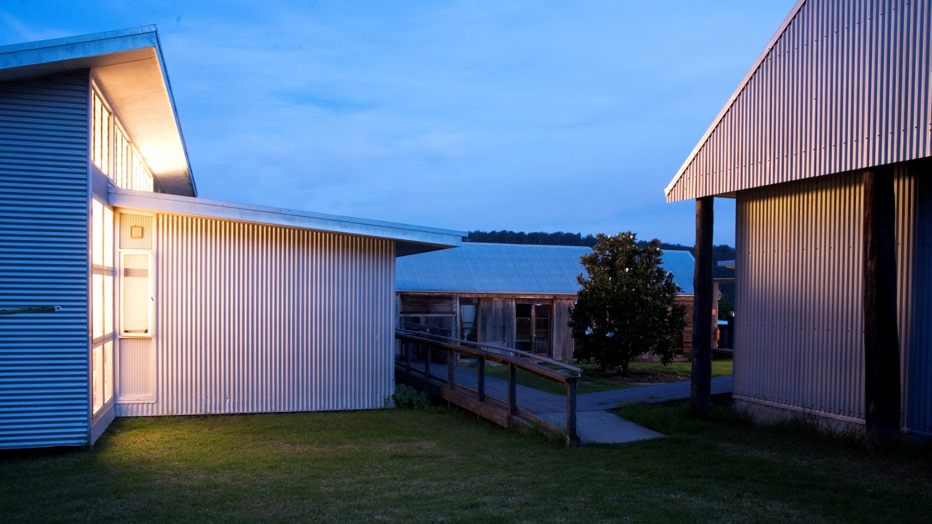 A cluster of metal buildings