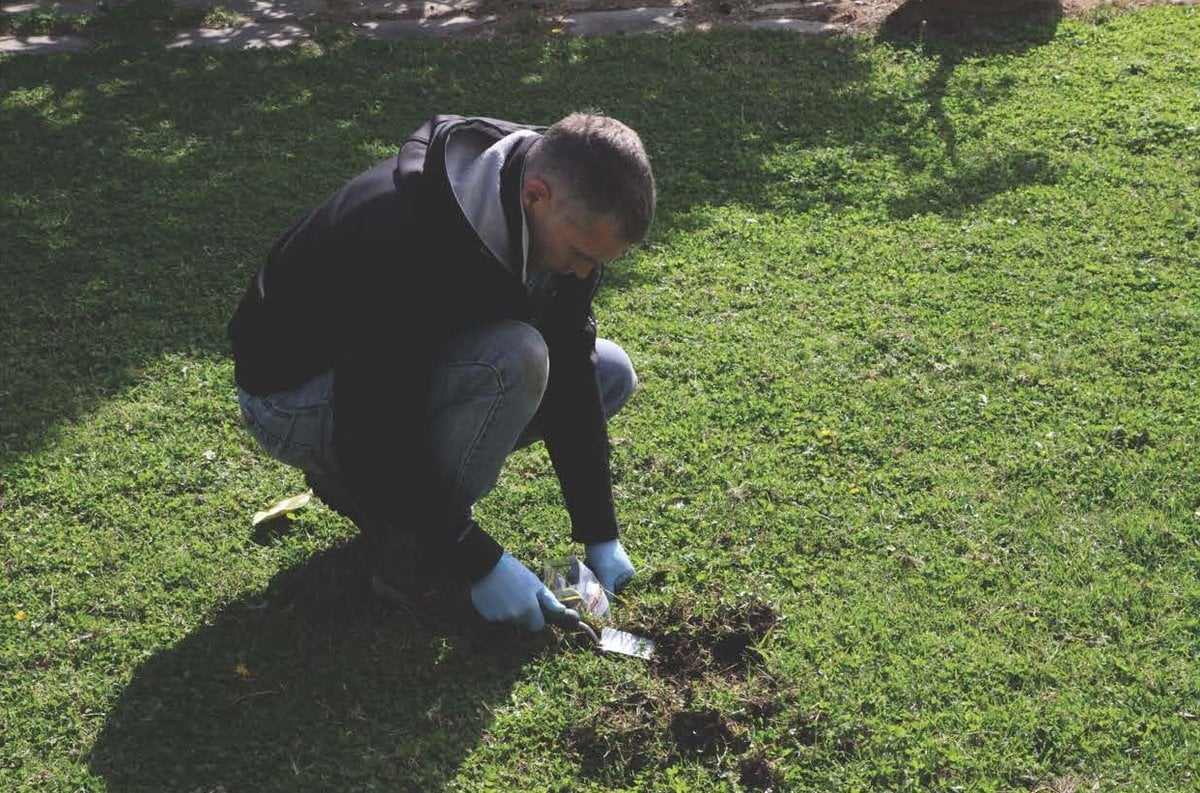 Professor Mark Taylor taking soil sample for environmental analysis at Bundanon