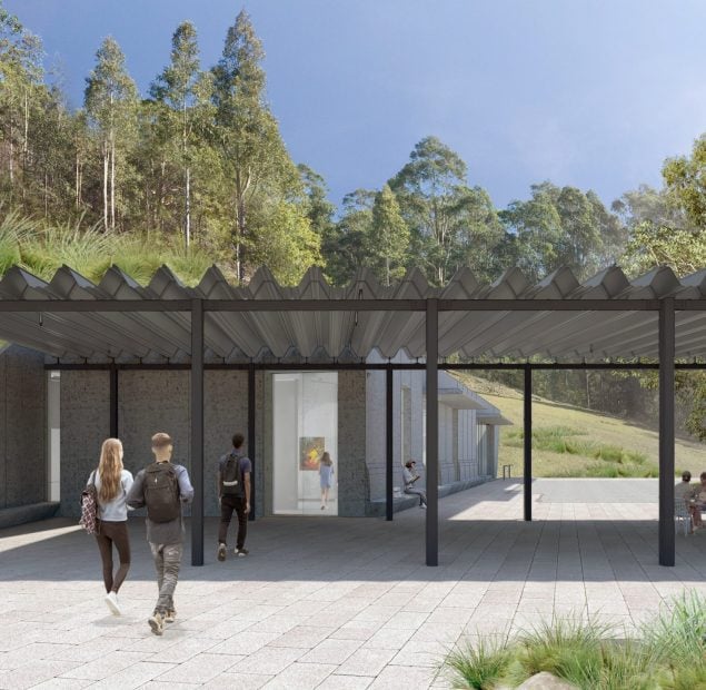 Digital render of people walking into a concrete building partially buried in the side of a hill