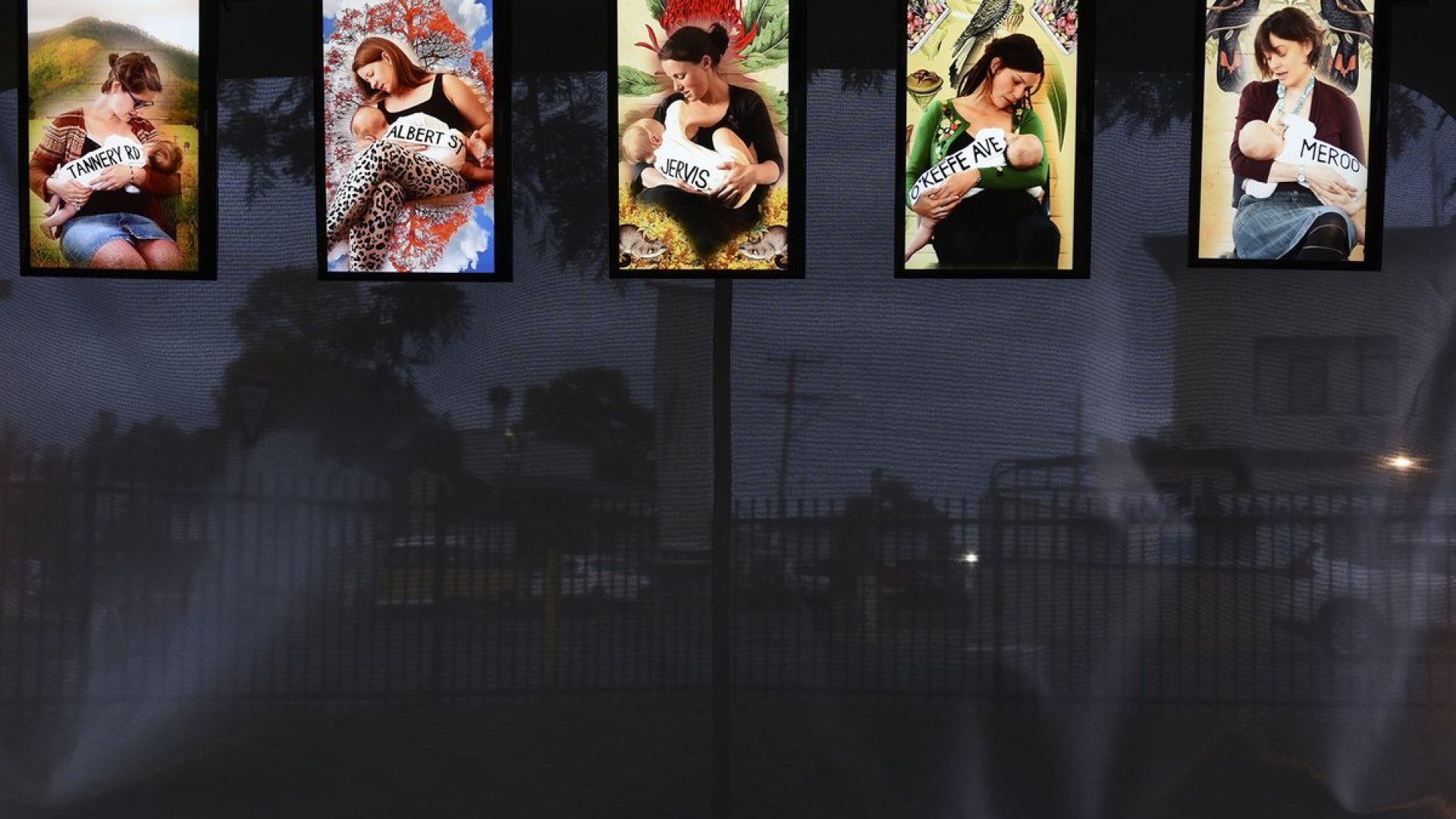 5 artworks hanging on a back mesh wall