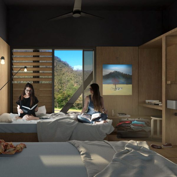 Digital render of a bedroom with two people sitting on a bed, reading books