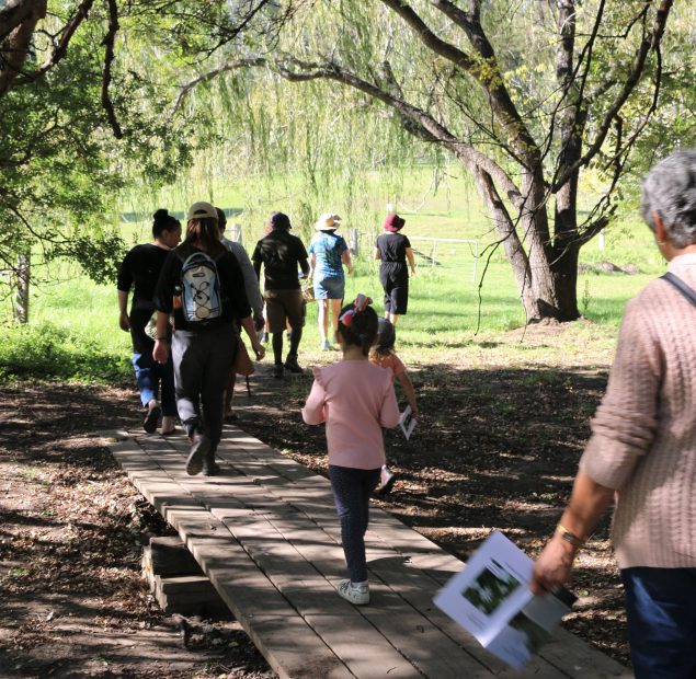 10 people walking through trees and over a small wooden bridge