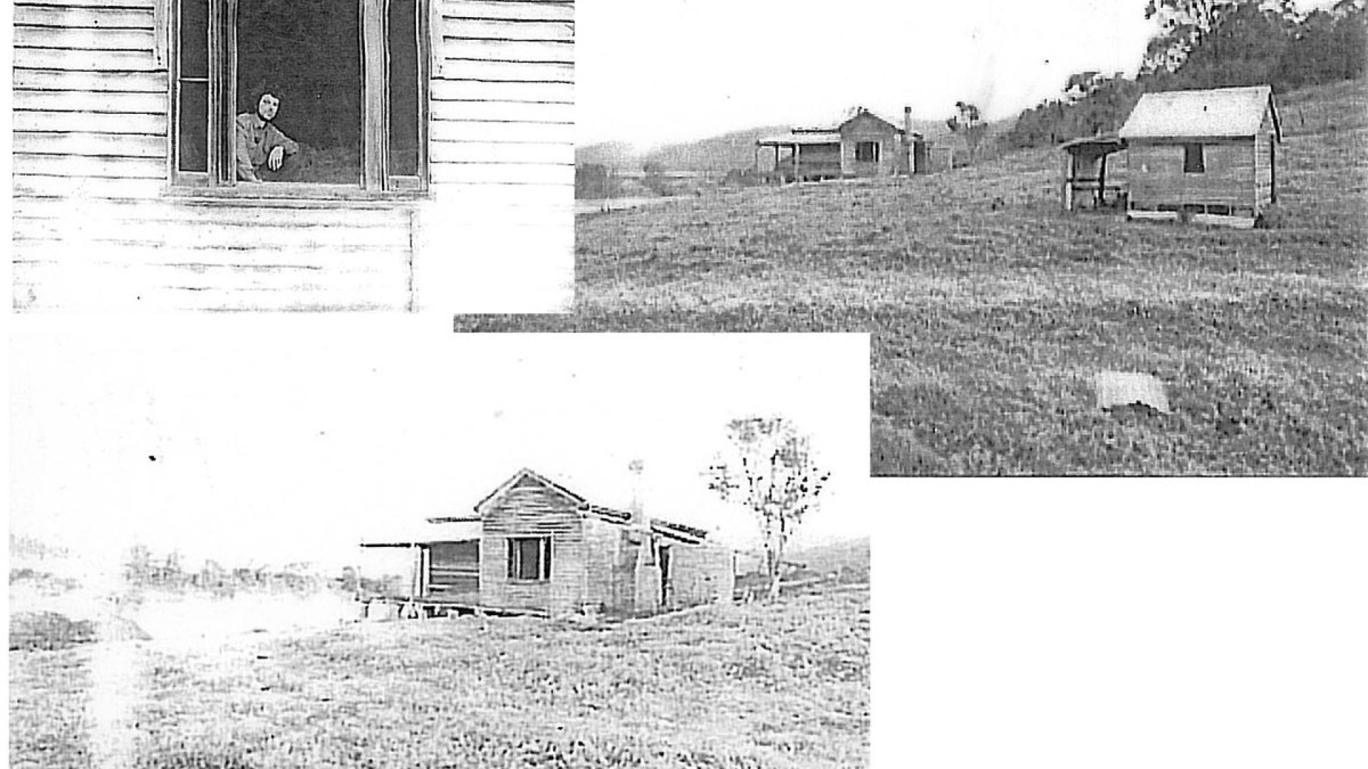 Collage of 3 black and white photos of a small building