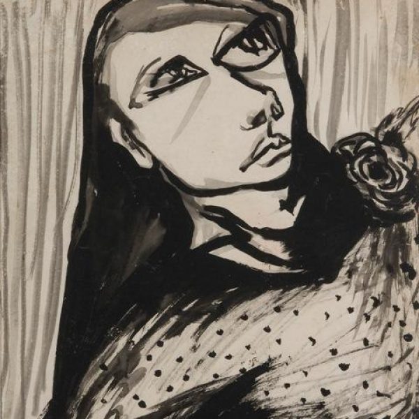 An abstract back and white ink drawing depicting a person with a flower on their shoulder