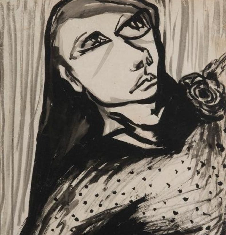 An abstract back and white ink drawing depicting a person with a flower on their shoulder