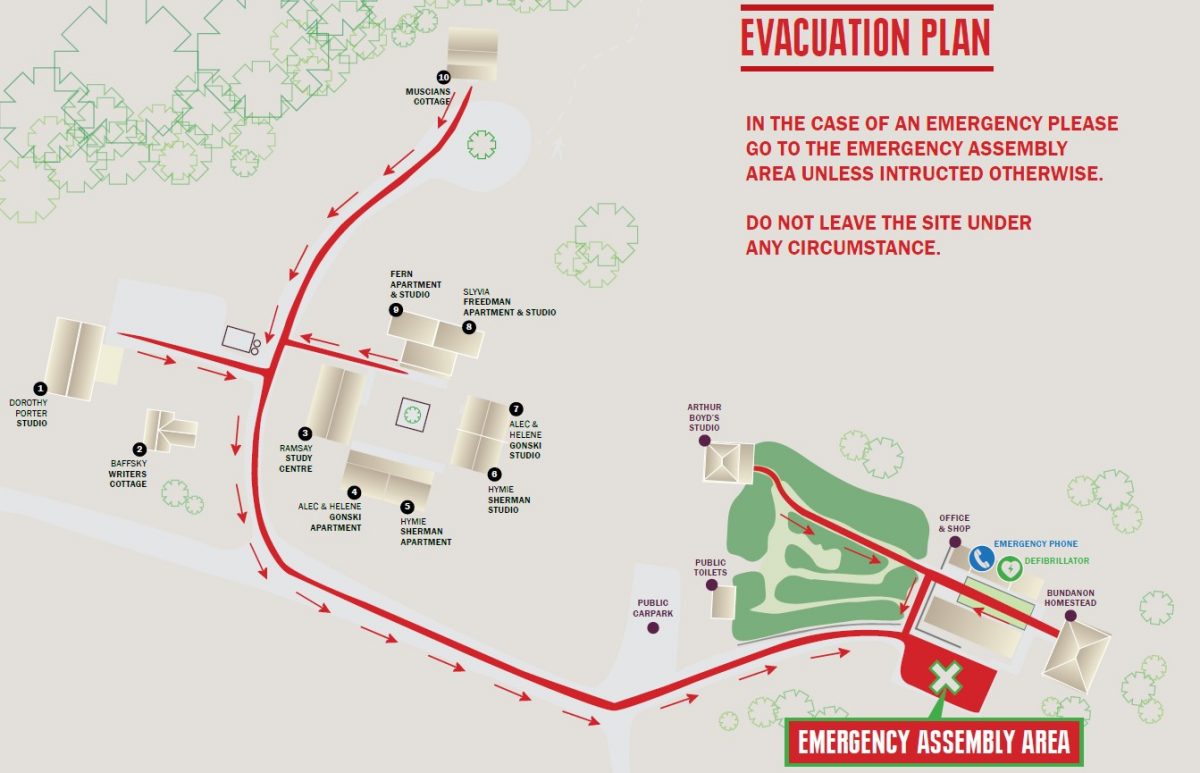 An evacuation plan map of the Bundanon site
