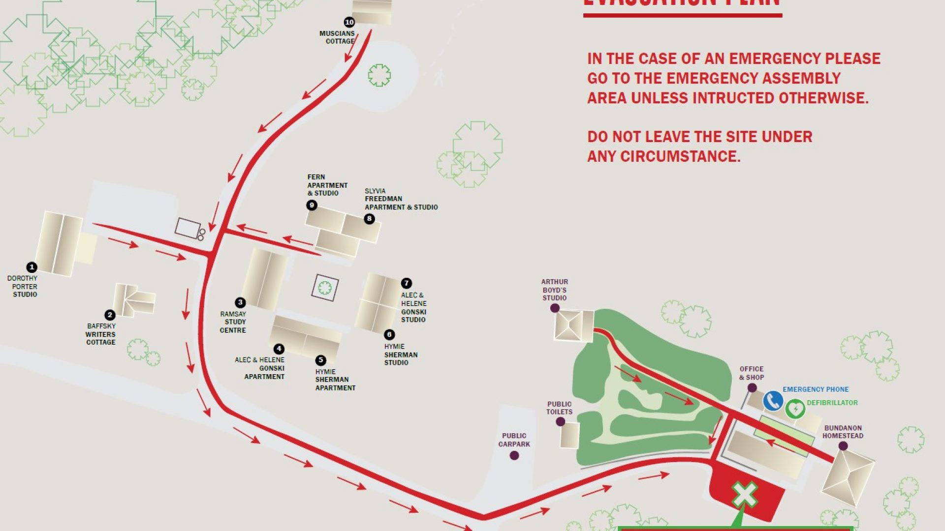 An evacuation plan map of the Bundanon site