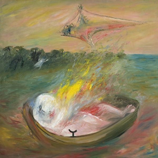 Arthur Boyd, 'Lovers on fire in a boat with kite', 1965, oil on canvas