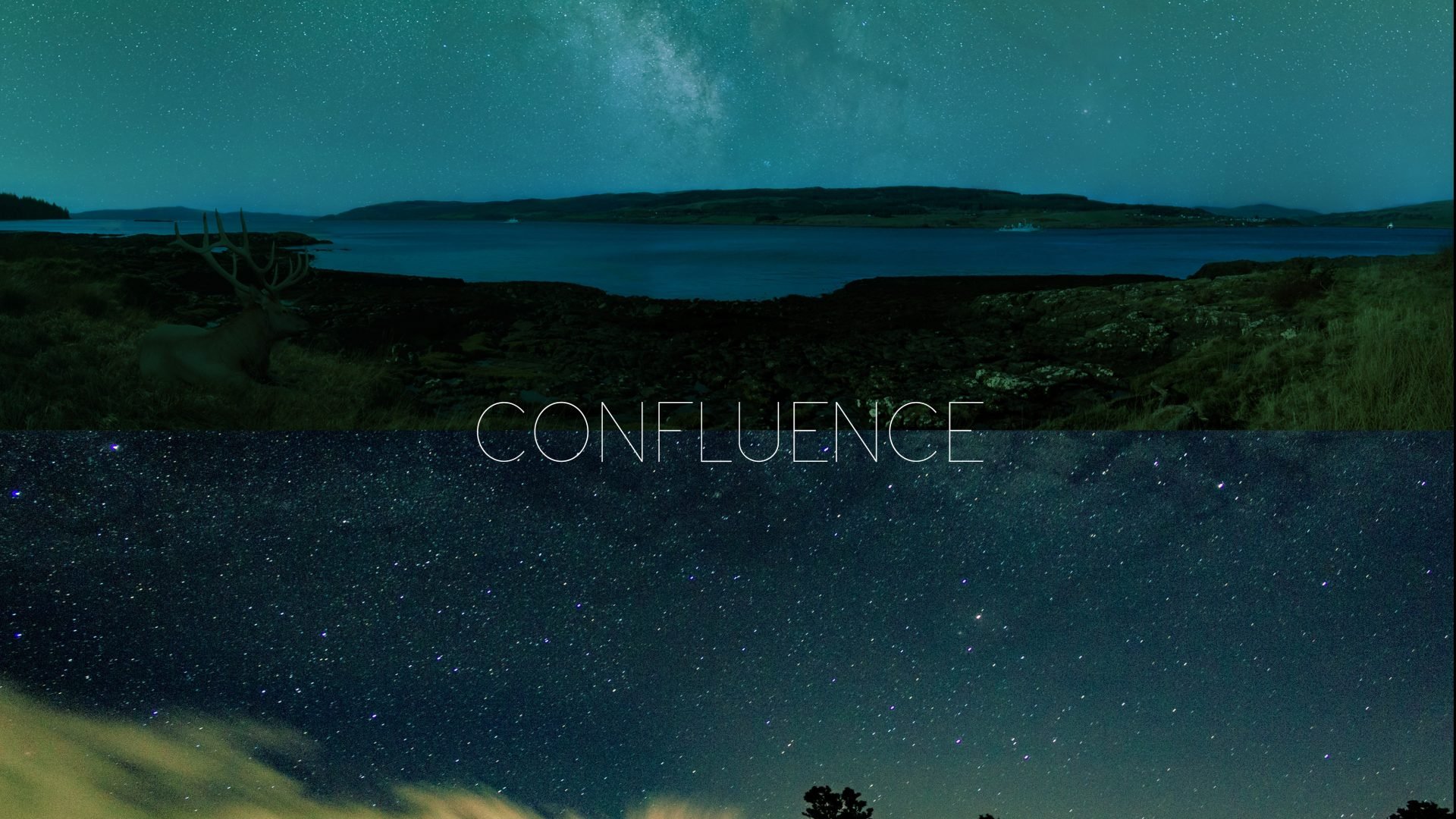 A nighttime landscape photo with the word 'confluence' overlaid in white text