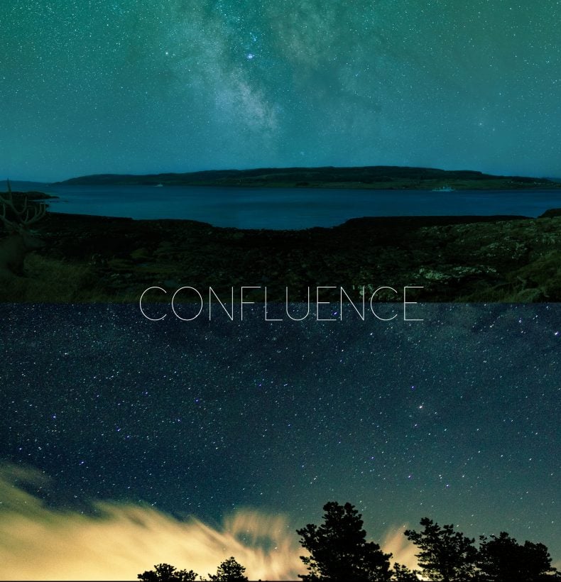 A nighttime landscape photo with the word 'confluence' overlaid in white text