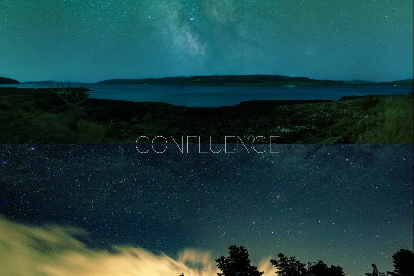 A nighttime landscape photo with the word 'confluence' overlaid in white text