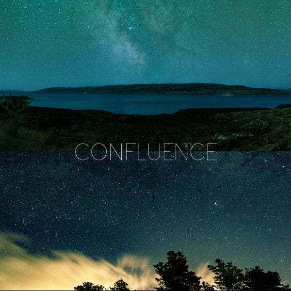 A nighttime landscape photo with the word 'confluence' overlaid in white text