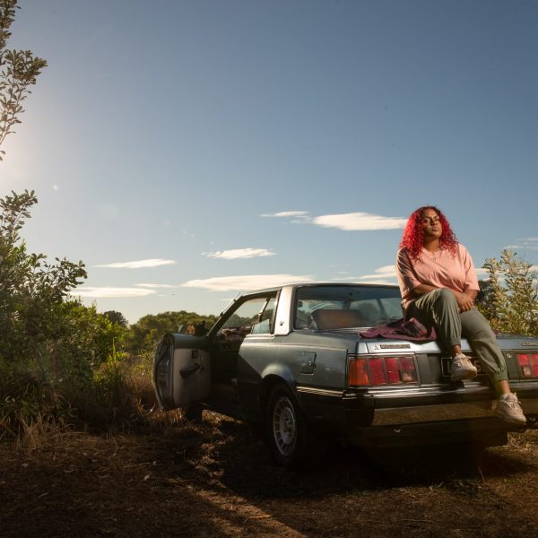 A person with red hair sitting on a blue car in a landscape