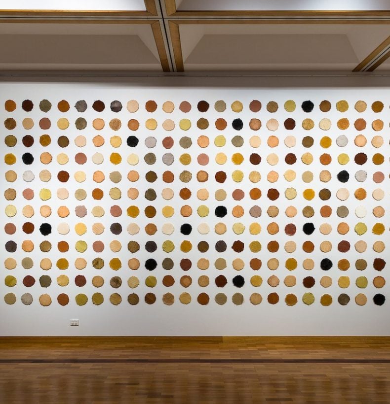 Various coloured brown dots on a white wall in a gallery space