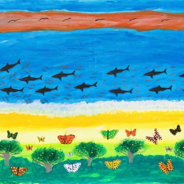 A painting of a beach with butterflies and an ocean with black sharks.