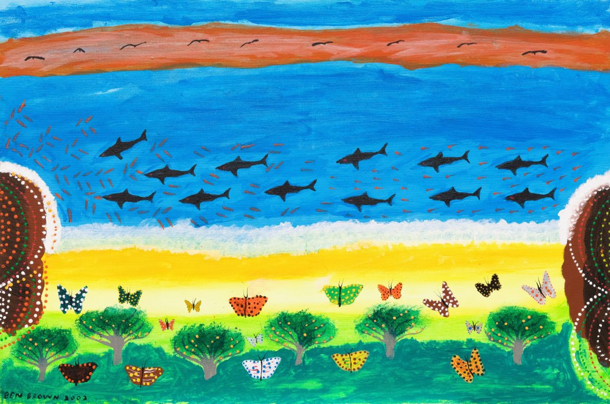 A painting of a beach with butterflies and an ocean with black sharks.