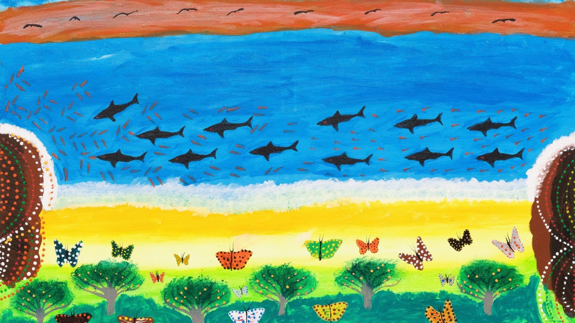 A painting of a beach with butterflies and an ocean with black sharks.