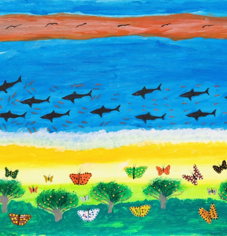 A painting of a beach with butterflies and an ocean with black sharks.