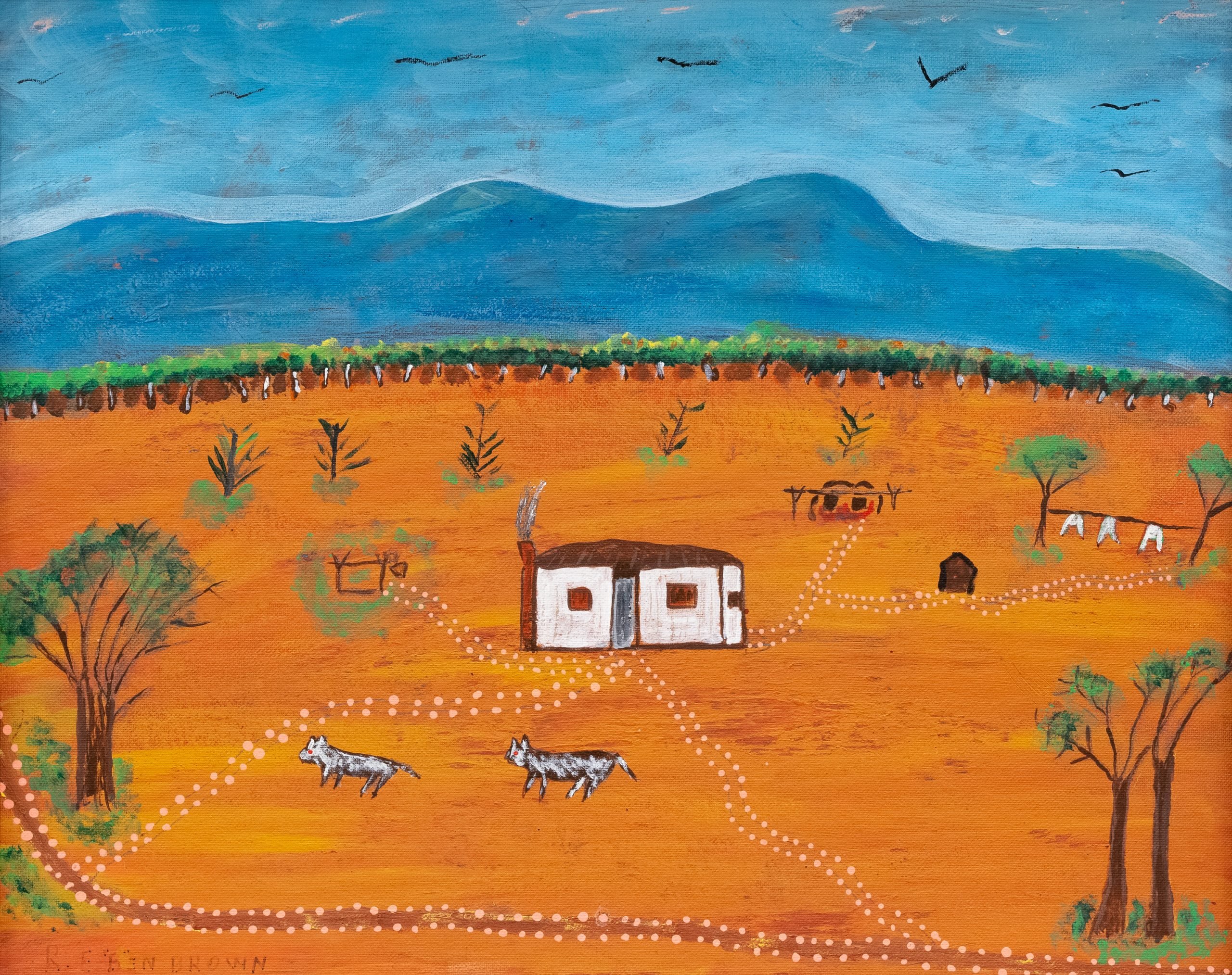 Reuben Ernest Brown (1928-2009), 'The Humpy', c 1999, synthetic polymer paint on board, 40.4 x 50.7cm. Brown Family Collection