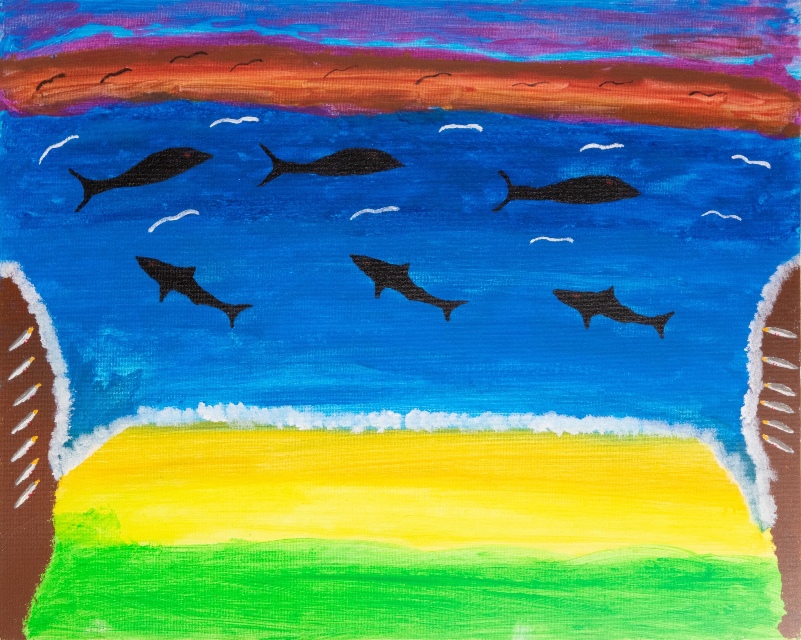Reuben Ernest Brown (1928-2009), 'The Sharks', c. 2001, synthetic polymer paint on canvas, 53 x 63.5cm. Australian Maritime Museum Collection