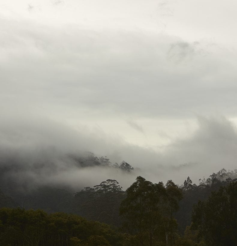 A mountain range with low cloud cover