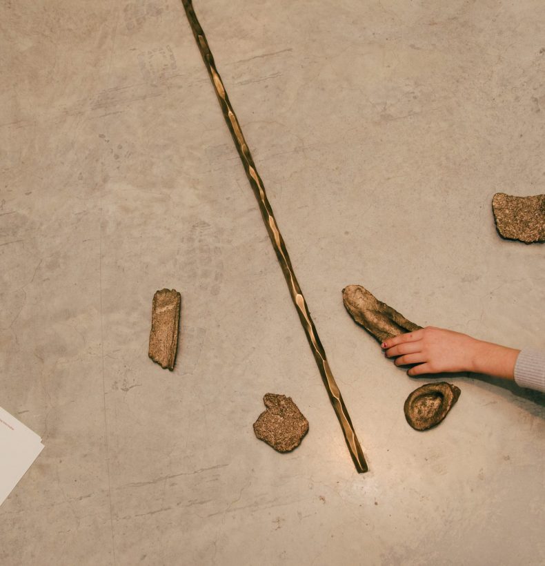 Brown objects on a grey floor with an arm extending and holding one