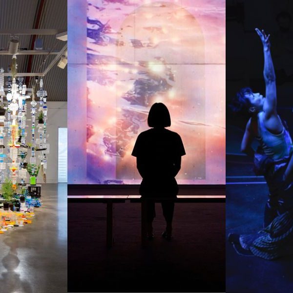 3 images of artworks and artists performing