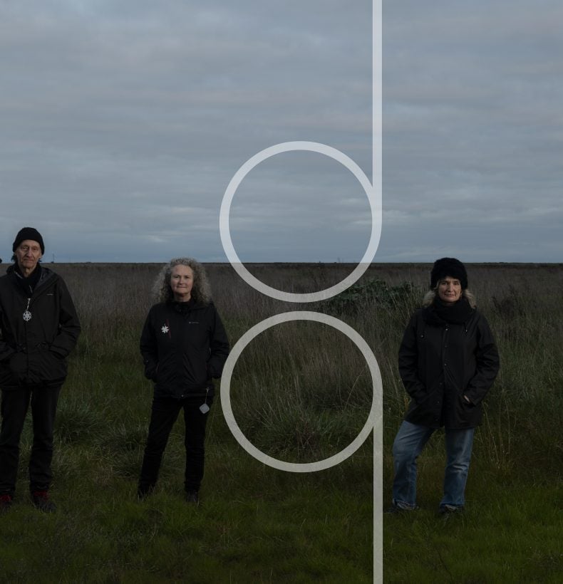 Three people standing in a grassy landscape