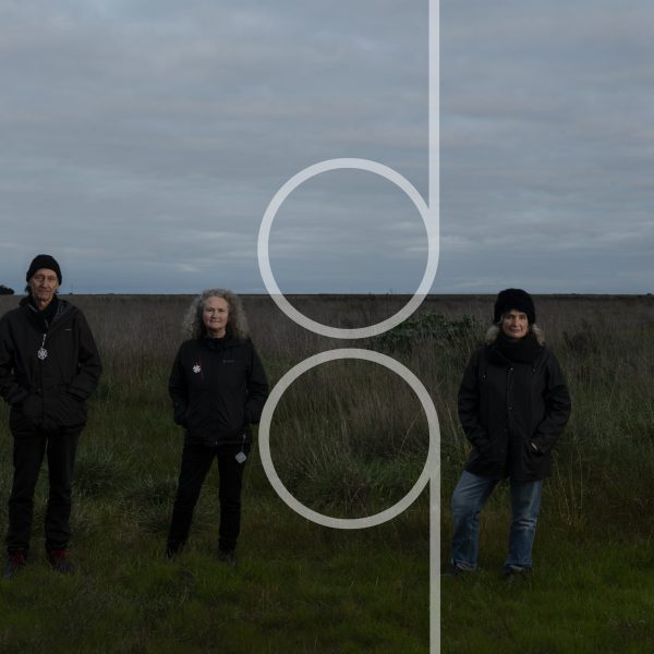 Three people standing in a grassy landscape