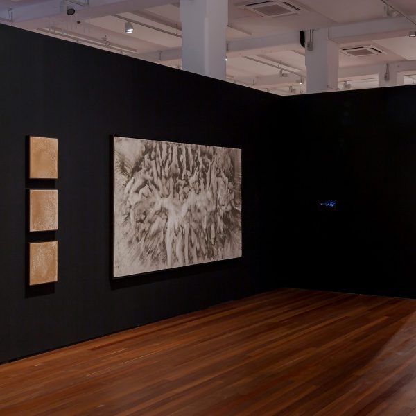 Installation view (left to right):
Fauvette Loureiro Memorial Scholarship 2022
Thresholds #03/05/21, 
2021
Sediment (North Head, Gayamagal land, Sydney) on clayboard, 
42 x 32 x 5cm each
Thresholds: a chorus #19/07/19
2019 
St James Tunnel residue on Heritage rag 320gsm paper
163 x 243cm
Thresholds: 91 days, (Catacombs, Paris) 
2022
HD Video, stereo sound (1:09min)
Photo: Document Photography