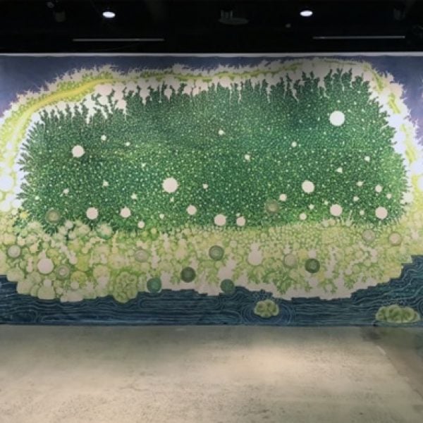 Agnieszka Golda, Martin Johnson, and Jo Law, 'Spinning World' , 2018. Installation view at the Museum of Applied Arts and Sciences. Ink, silver wire, magnets, proximity sensor, and microcontrollers on cotton canvas, 9.2 m x 3.3m