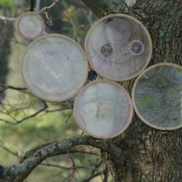 Agnieszka Golda, Martin Johnson, and Jo Law, 'Twilight States and the Edges of Darkness', 2017. Installation view at Bundanon Homestead. Cotton thread and micro-electronics embroidered on silk organza framed in bamboo embroidery hoops. Dimensions variable.